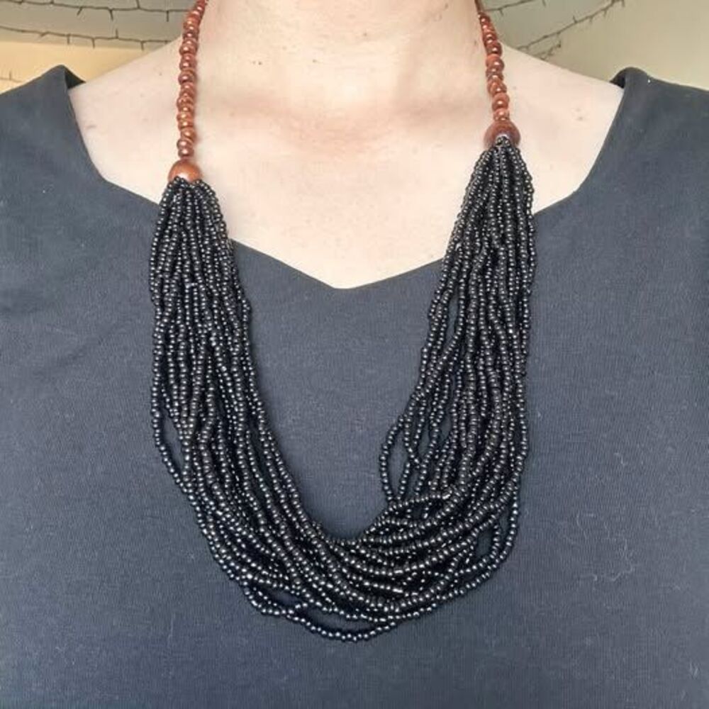 Boho Multi-Strand Black Glass Seed Bead Necklace with Wooden Beads
